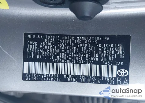 2015 Toyota Corolla Le z USA, uszkodzony, nr VIN 5YFBURHE2FP341237